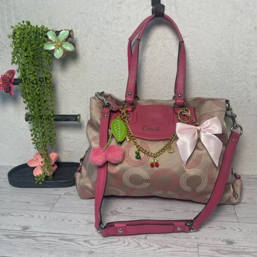 Coach Signature Ashley Dotted Op Art Satchel Dot Pink and Tan Handbag F20049